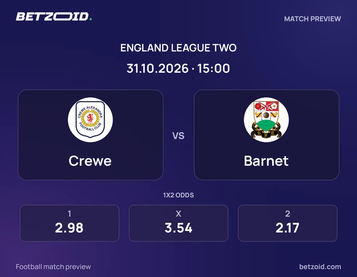 Crewe - Barnet Crewe vs Barnet: England League Two match preview with team badges and kick-off details.
