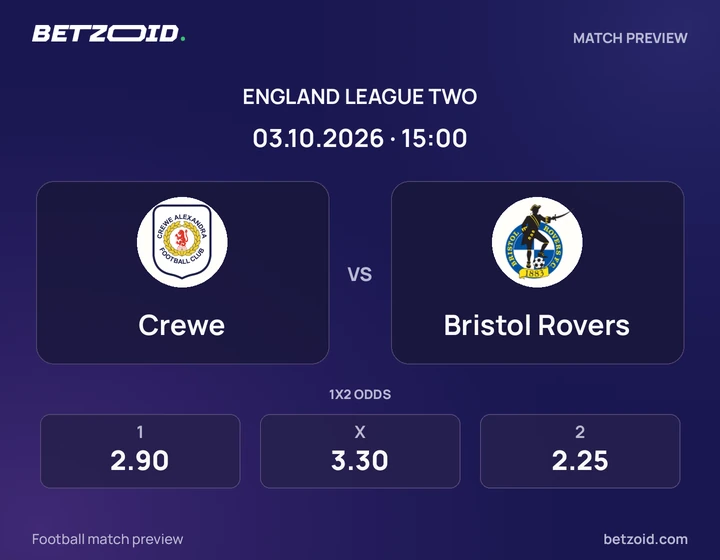 Crewe vs Bristol Rovers: England League Two match preview with team badges and kick-off details.