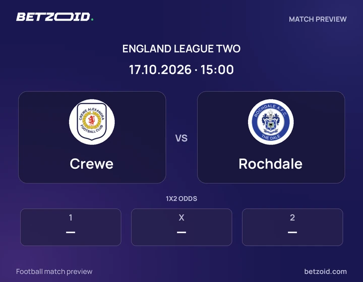 Crewe vs Rochdale: England League Two match preview with team badges and kick-off details.