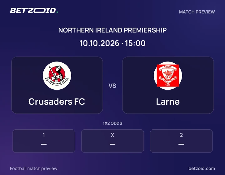 Crusaders FC vs Larne: Northern Ireland Premiership match preview with team badges and kick-off details.