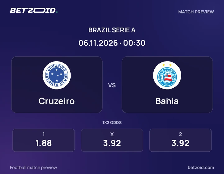 Cruzeiro - Bahia Cruzeiro vs Bahia: Brazil Serie A match preview with team badges and kick-off details.