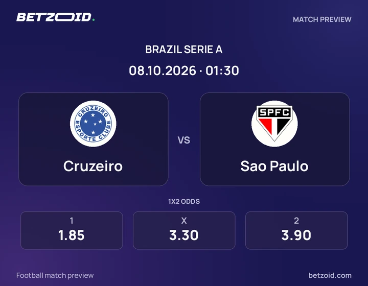 Cruzeiro vs Sao Paulo: Brazil Serie A match preview with team badges and kick-off details.