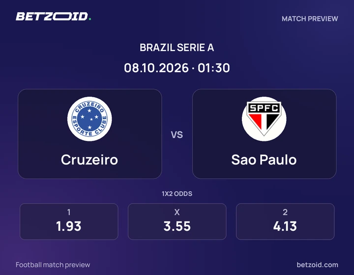 Cruzeiro x São Paulo Cruzeiro x São Paulo: prévia do jogo de Brasileirão Série A, com escudos e informações da partida.