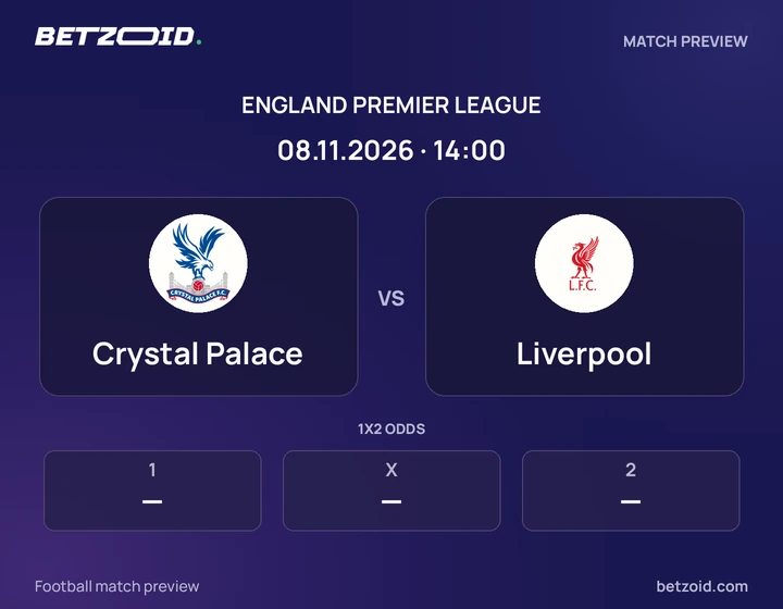 Crystal Palace vs Liverpool: England Premier League match preview with team badges and kick-off details.