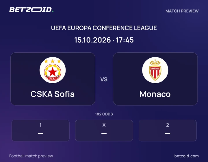 CSKA Sofia vs Monaco: UEFA Europa Conference League match preview with team badges and kick-off details.