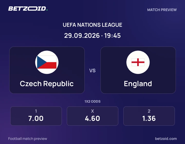 Czech Republic vs England: UEFA Nations League match preview with team badges and kick-off details.