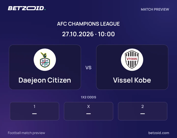 Daejeon Citizen vs Vissel Kobe: AFC Champions League match preview with team badges and kick-off details.