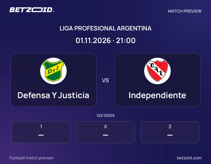 Defensa Y Justicia vs Independiente: Liga Profesional Argentina match preview with team badges and kick-off details.