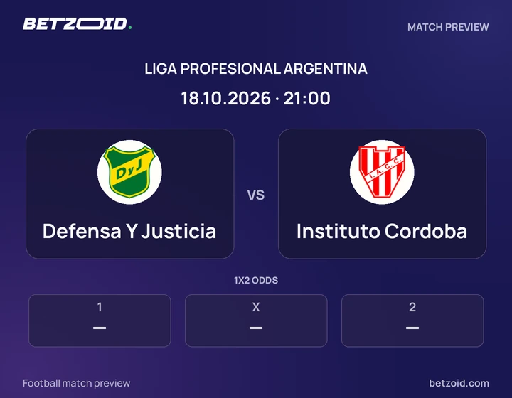 Defensa Y Justicia vs Instituto Cordoba: Liga Profesional Argentina match preview with team badges and kick-off details.