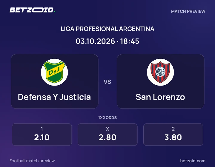 Defensa Y Justicia vs San Lorenzo: Liga Profesional Argentina match preview with team badges and kick-off details.