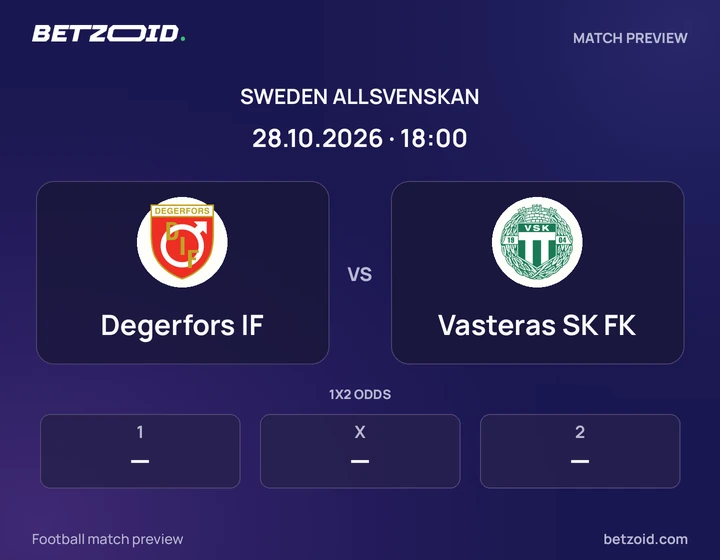 Degerfors IF - Vasteras SK FK Degerfors IF vs Vasteras SK FK: Sweden Allsvenskan match preview with team badges and kick-off details.
