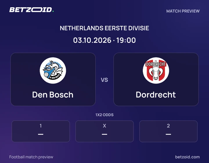 Den Bosch vs Dordrecht: Netherlands Eerste Divisie match preview with team badges and kick-off details.