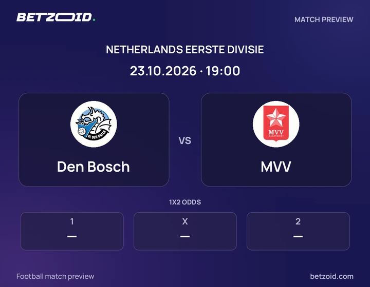 Den Bosch vs MVV: Netherlands Eerste Divisie match preview with team badges and kick-off details.