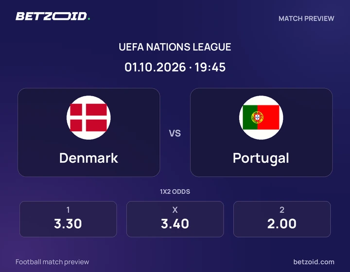 Denmark vs Portugal: UEFA Nations League match preview with team badges and kick-off details.