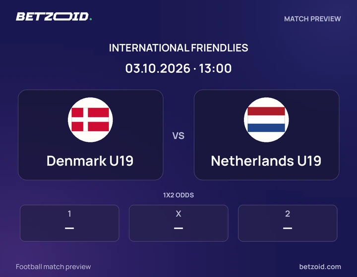Denmark U19 vs Netherlands U19: International Friendlies match preview with team badges and kick-off details.