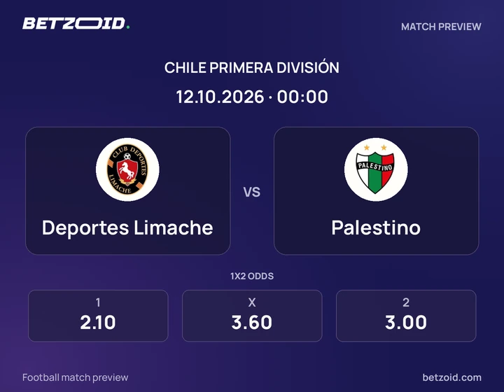 Deportes Limache vs Palestino: Chile Primera División match preview with team badges and kick-off details.