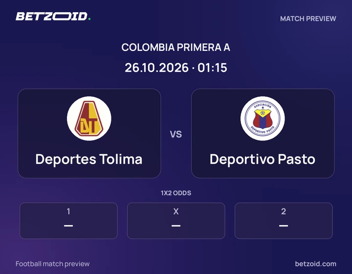 Deportes Tolima vs Deportivo Pasto: Colombia Primera A match preview with team badges and kick-off details.