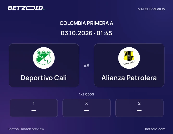 Deportivo Cali vs Alianza Petrolera: Colombia Primera A match preview with team badges and kick-off details.