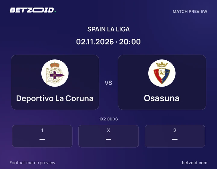 Deportivo La Coruna vs Osasuna: Spain La Liga match preview with team badges and kick-off details.