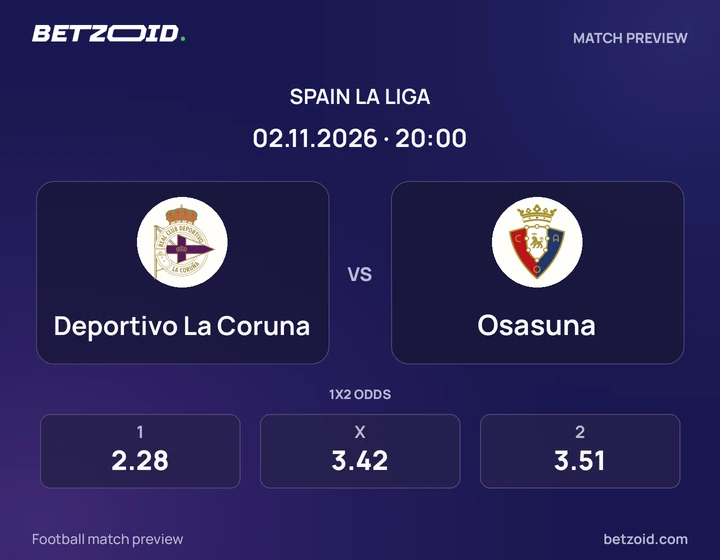 Deportivo La Coruna - Osasuna Deportivo La Coruna vs Osasuna: Spain La Liga match preview with team badges and kick-off details.