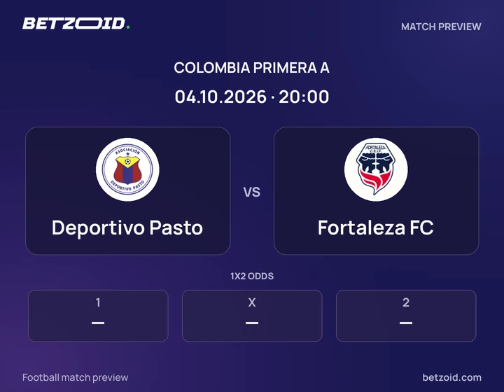 Deportivo Pasto vs Fortaleza FC: Colombia Primera A match preview with team badges and kick-off details.