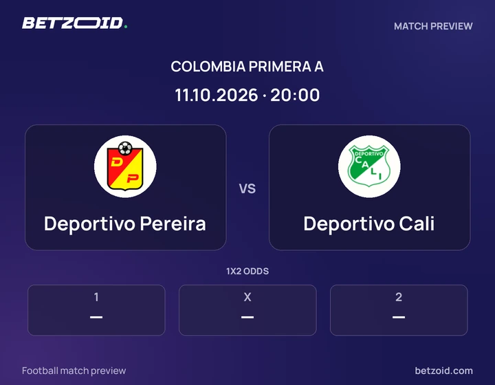 Deportivo Pereira - Deportivo Cali Deportivo Pereira vs Deportivo Cali: Colombia Primera A match preview with team badges and kick-off details.