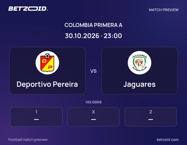 Deportivo Pereira vs Jaguares: Colombia Primera A match preview with team badges and kick-off details.