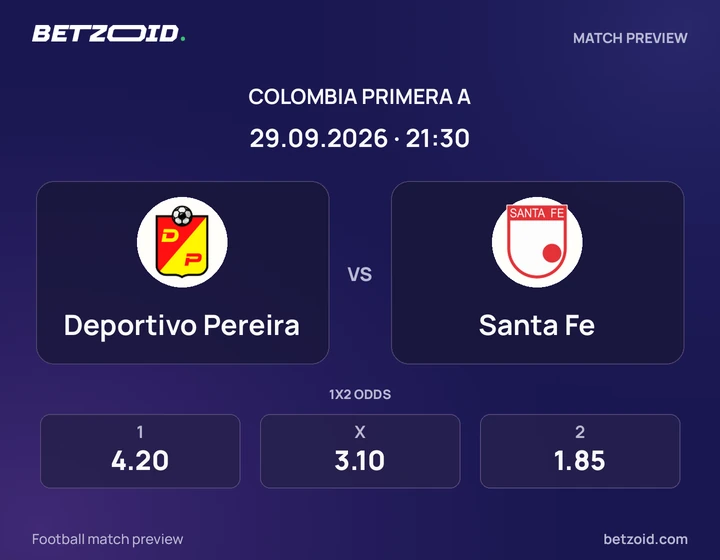 Deportivo Pereira vs Santa Fe: Colombia Primera A match preview with team badges and kick-off details.