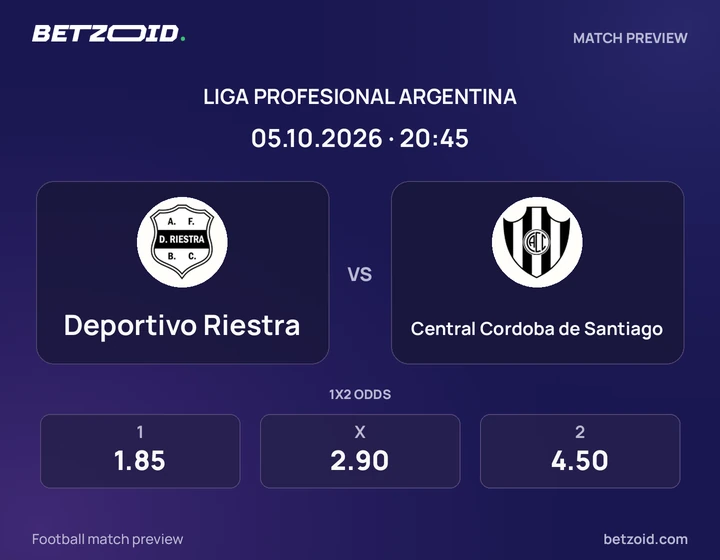 Deportivo Riestra vs Central Cordoba de Santiago: Liga Profesional Argentina match preview with team badges and kick-off details.