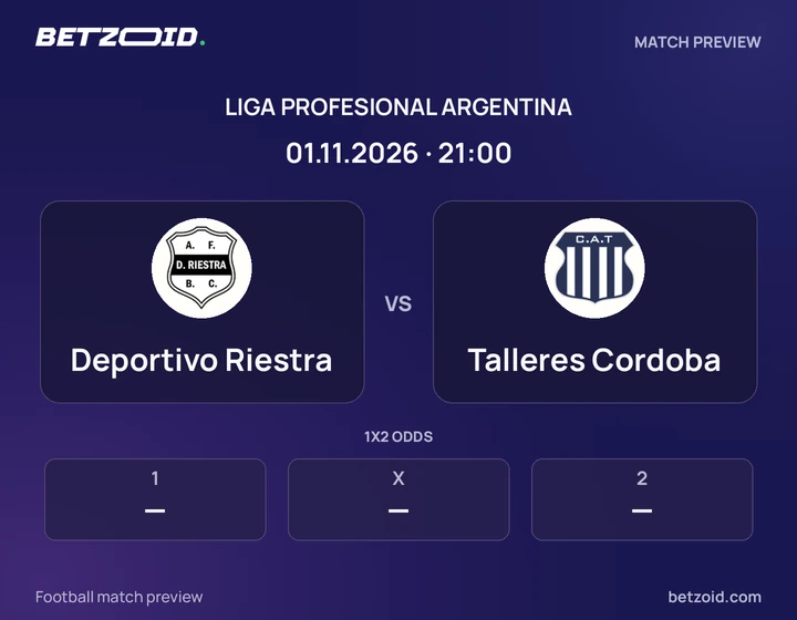 Deportivo Riestra vs Talleres Cordoba: Liga Profesional Argentina match preview with team badges and kick-off details.
