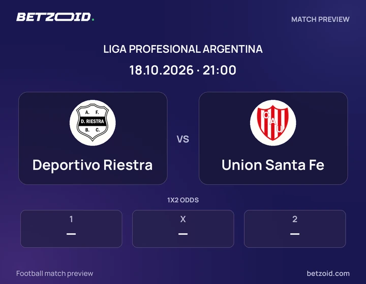 Deportivo Riestra vs Union Santa Fe: Liga Profesional Argentina match preview with team badges and kick-off details.