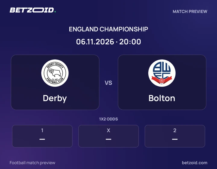 Derby vs Bolton: England Championship match preview with team badges and kick-off details.