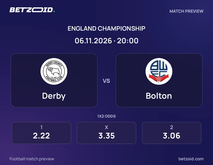 Derby - Bolton Derby vs Bolton: England Championship match preview with team badges and kick-off details.