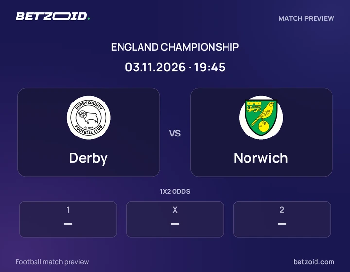 Derby vs Norwich: England Championship match preview with team badges and kick-off details.