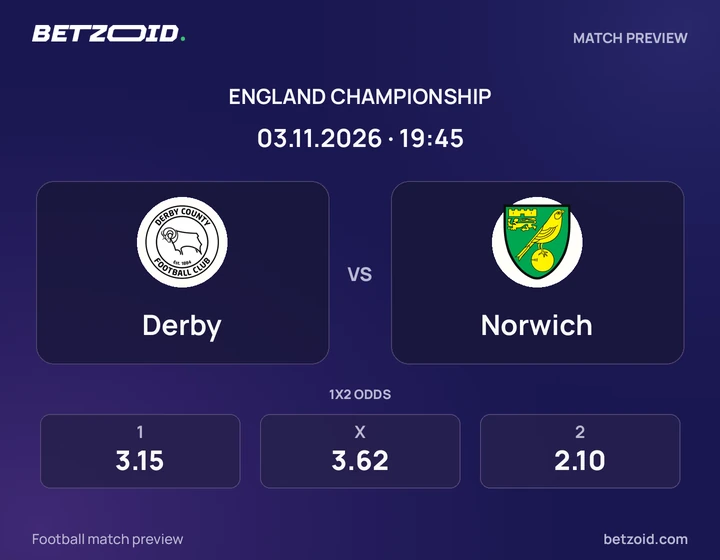 Derby - Norwich Derby vs Norwich: England Championship match preview with team badges and kick-off details.
