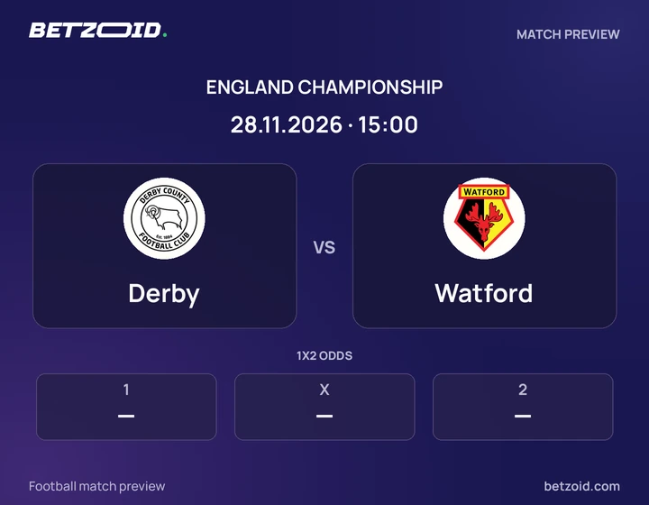 Derby - Watford Derby vs Watford: England Championship match preview with team badges and kick-off details.