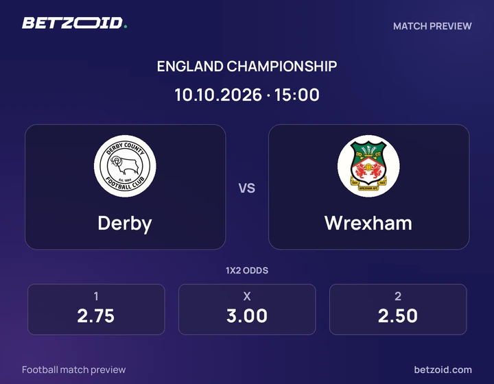 Derby - Wrexham Derby vs Wrexham: England Championship match preview with team badges and kick-off details.