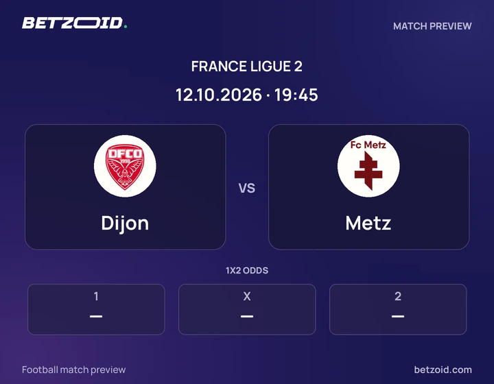 Dijon - Metz Dijon vs Metz: France Ligue 2 match preview with team badges and kick-off details.