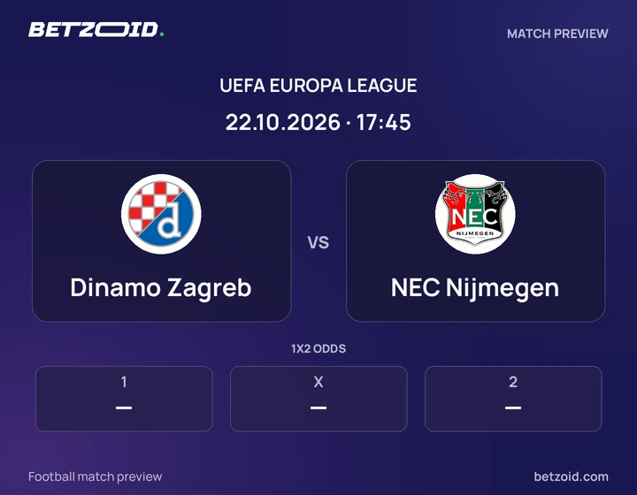Dinamo Zagreb vs NEC Nijmegen: UEFA Europa League match preview with team badges and kick-off details.