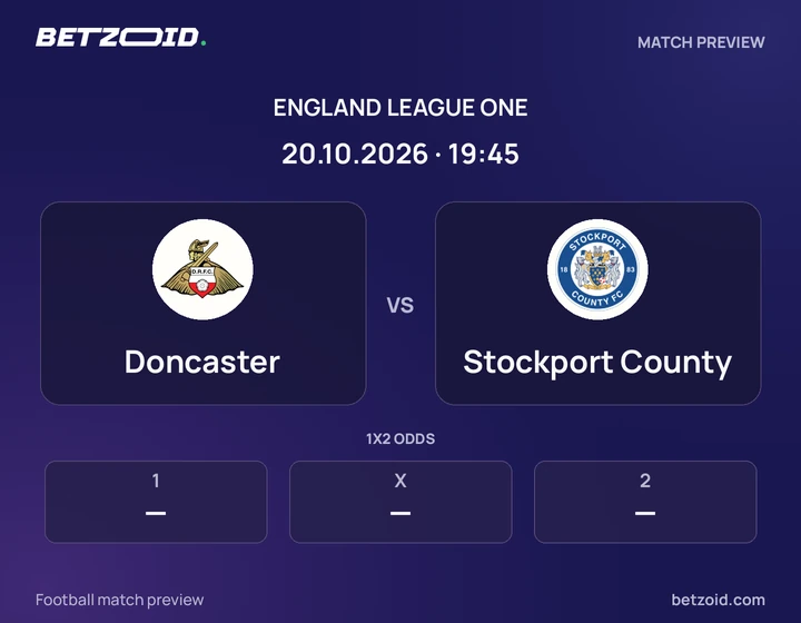 Doncaster vs Stockport County: England League One match preview with team badges and kick-off details.