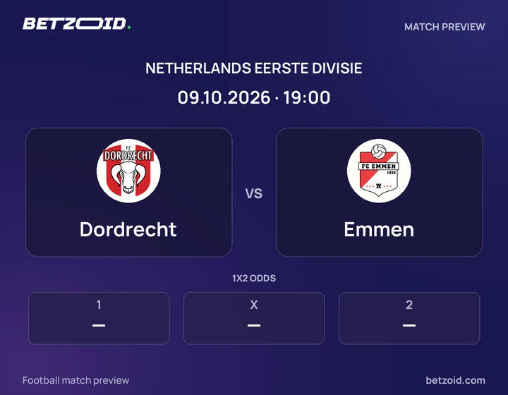 Dordrecht vs Emmen: Netherlands Eerste Divisie match preview with team badges and kick-off details.