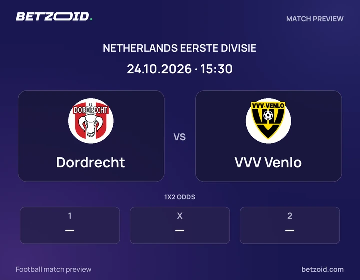Dordrecht - VVV Venlo Dordrecht vs VVV Venlo: Netherlands Eerste Divisie match preview with team badges and kick-off details.