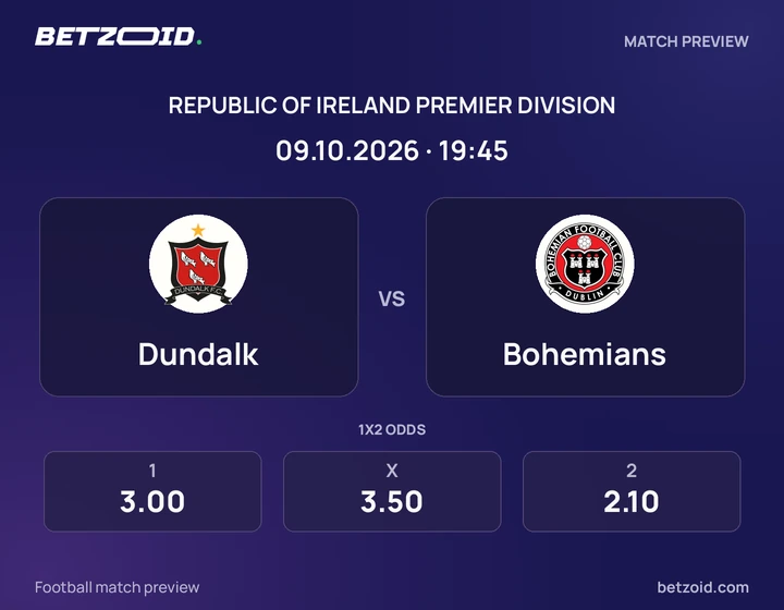 Dundalk - Bohemians Dundalk vs Bohemians: Republic of Ireland Premier Division match preview with team badges and kick-off details.