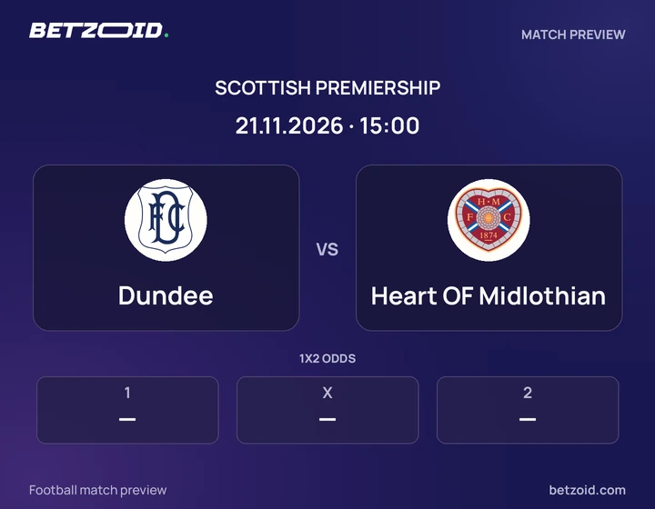 Dundee - Heart OF Midlothian Dundee vs Heart OF Midlothian: Scottish Premiership match preview with team badges and kick-off details.