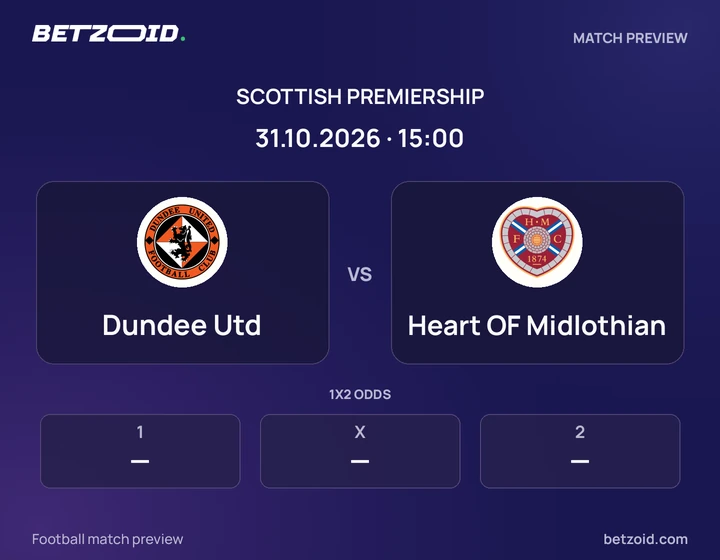 Dundee Utd vs Heart OF Midlothian: Scottish Premiership match preview with team badges and kick-off details.