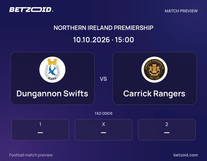 Dungannon Swifts vs Carrick Rangers: Northern Ireland Premiership match preview with team badges and kick-off details.