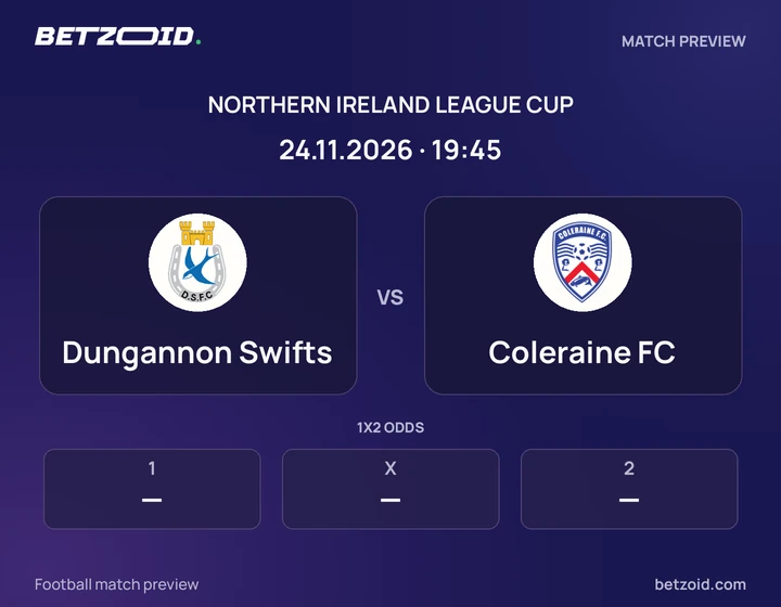 Dungannon Swifts vs Coleraine FC: Northern Ireland League Cup match preview with team badges and kick-off details.