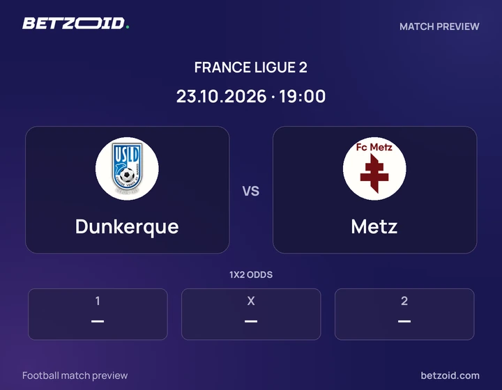 Dunkerque - Metz Dunkerque vs Metz: France Ligue 2 match preview with team badges and kick-off details.