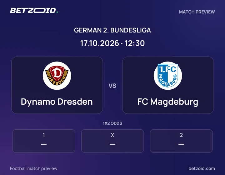 Dynamo Dresden vs FC Magdeburg: German 2. Bundesliga match preview with team badges and kick-off details.