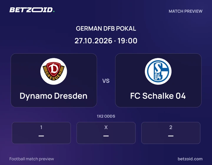 Dynamo Dresden vs FC Schalke 04: German DFB Pokal match preview with team badges and kick-off details.